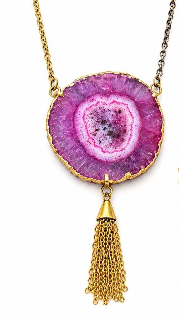 MELA ARTISANS PINK AGATE SLICE GOLD TONE TASSEL PENDANT LONG NECKLACE